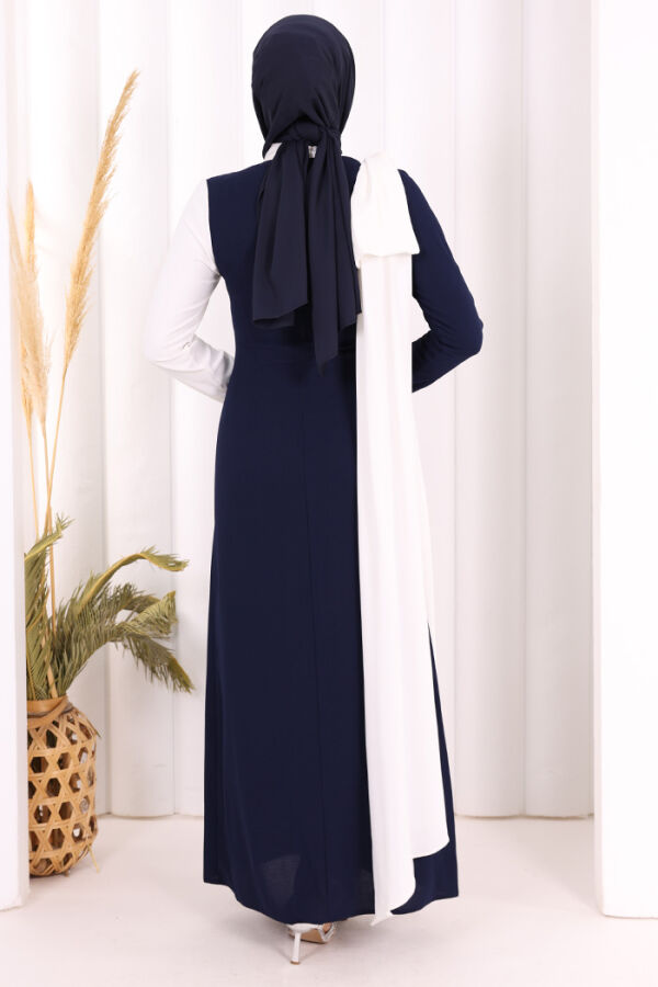 Tek Omuz Fiyonk Apoletli Çift Renk Elbise 3862 Lacivert - 4