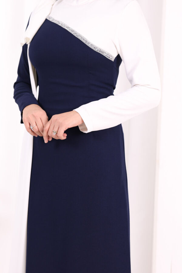 Tek Omuz Fiyonk Apoletli Çift Renk Elbise 3862 Lacivert - 6