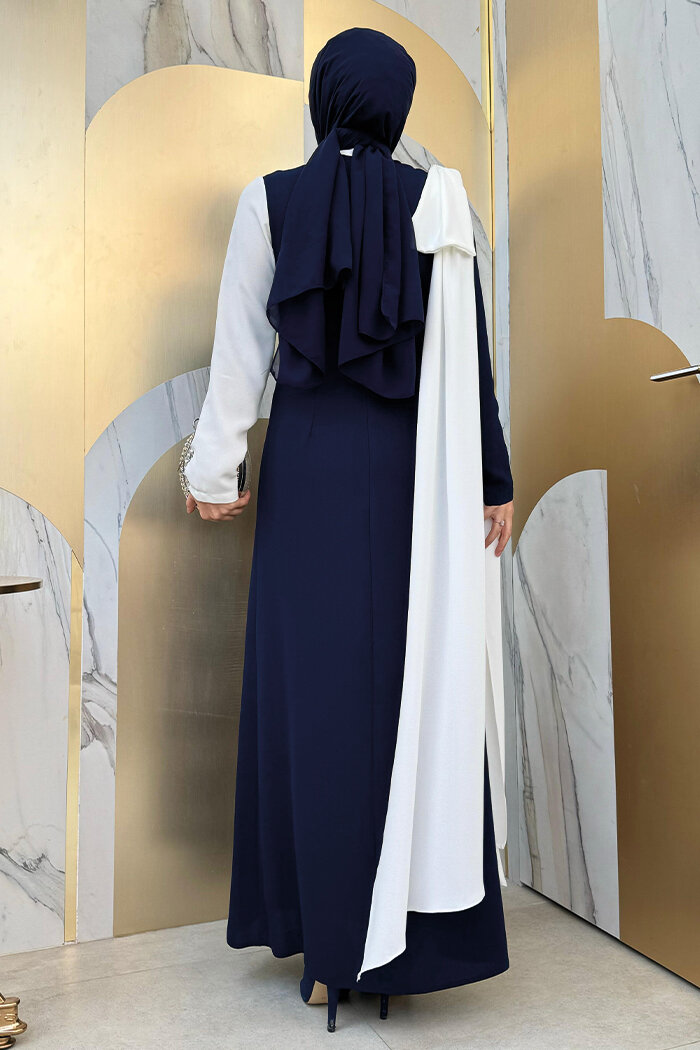 Tek Omuz Fiyonk Apoletli Çift Renk Elbise 3862 Lacivert - 8