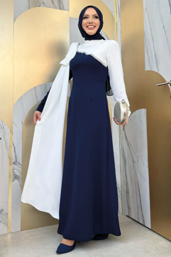 Tek Omuz Fiyonk Apoletli Çift Renk Elbise 3862 Lacivert - 9