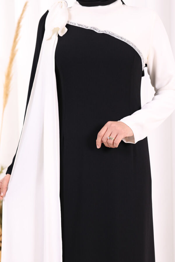 Tek Omuz Fiyonk Apoletli Çift Renk Elbise 3862 Siyah - 6