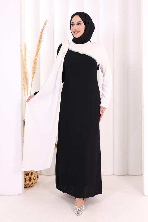 Tek Omuz Fiyonk Apoletli Çift Renk Elbise 3862 Siyah - 1