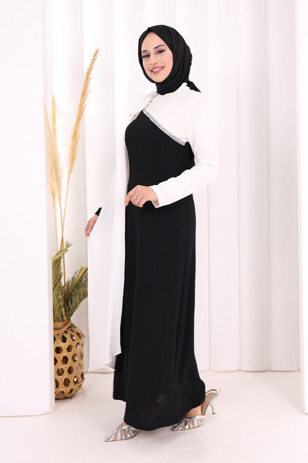 Tek Omuz Fiyonk Apoletli Çift Renk Elbise 3862 Siyah - 3