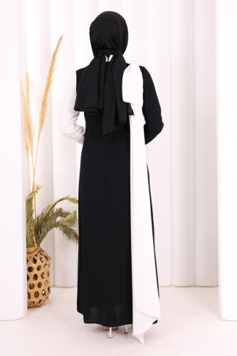 Tek Omuz Fiyonk Apoletli Çift Renk Elbise 3862 Siyah - 4