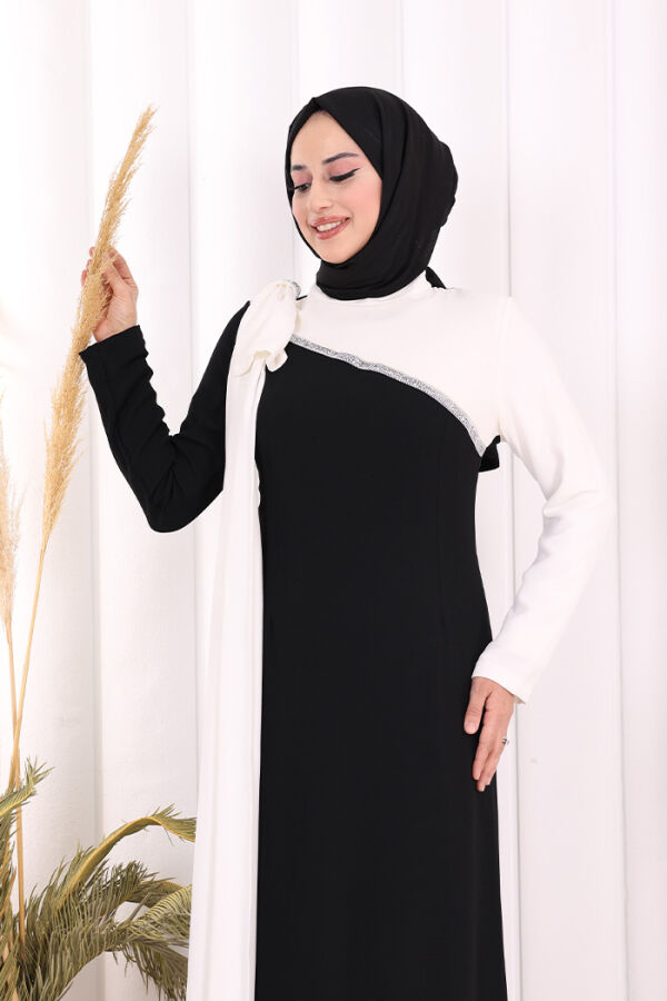 Tek Omuz Fiyonk Apoletli Çift Renk Elbise 3862 Siyah - 5