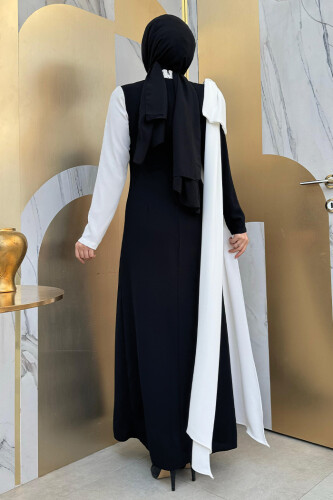 Tek Omuz Fiyonk Apoletli Çift Renk Elbise 3862 Siyah - 8