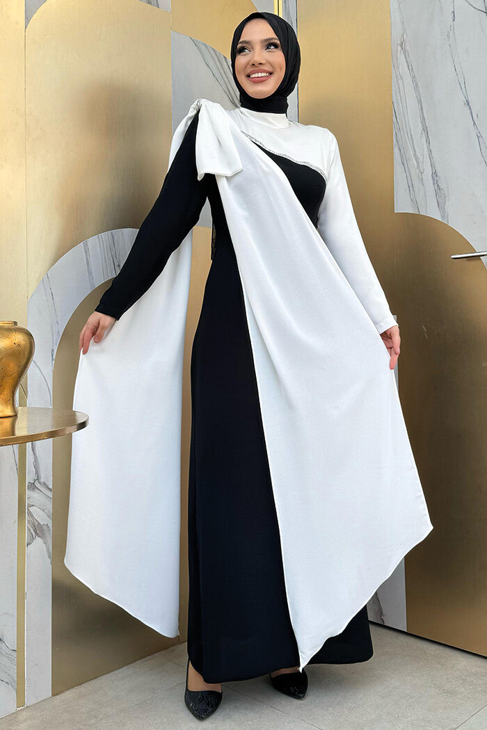 Tek Omuz Fiyonk Apoletli Çift Renk Elbise 3862 Siyah - 9