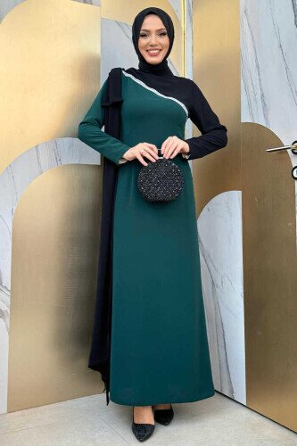 Tek Omuz Fiyonk Apoletli Çift Renk Elbise 3862 Zümrüt - Bym Fashion