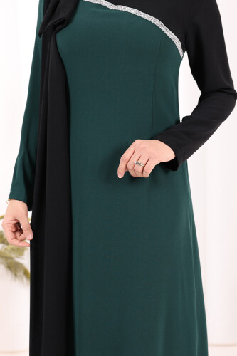 Tek Omuz Fiyonk Apoletli Çift Renk Elbise 3862 Zümrüt - 7