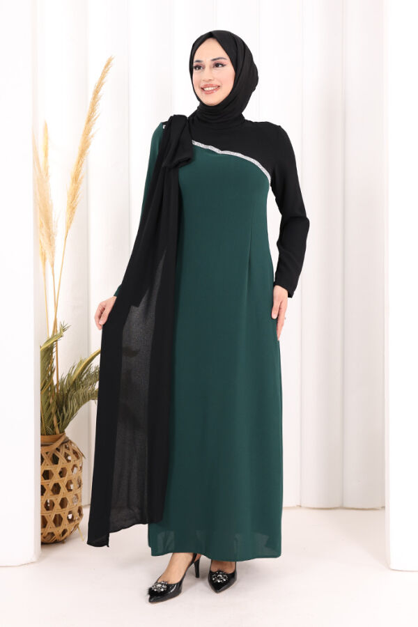 Tek Omuz Fiyonk Apoletli Çift Renk Elbise 3862 Zümrüt - 2