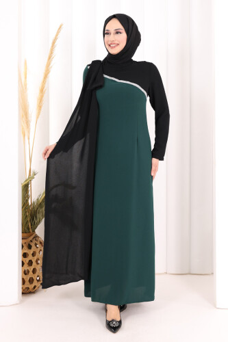 Tek Omuz Fiyonk Apoletli Çift Renk Elbise 3862 Zümrüt - 3