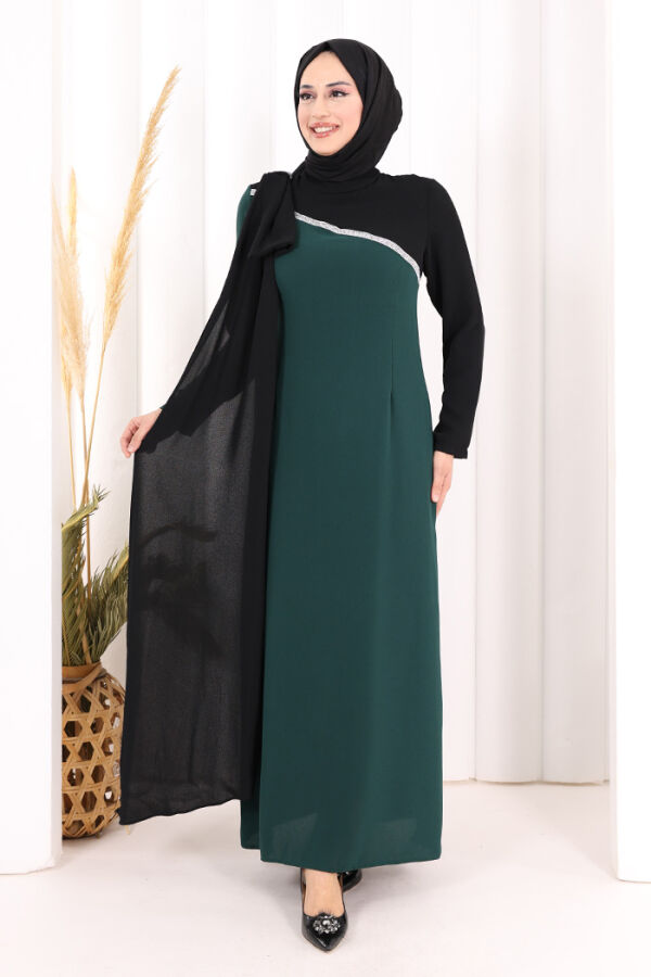 Tek Omuz Fiyonk Apoletli Çift Renk Elbise 3862 Zümrüt - 3