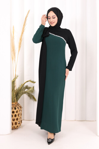 Tek Omuz Fiyonk Apoletli Çift Renk Elbise 3862 Zümrüt - 4