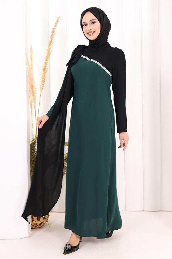 Tek Omuz Fiyonk Apoletli Çift Renk Elbise 3862 Zümrüt - 1