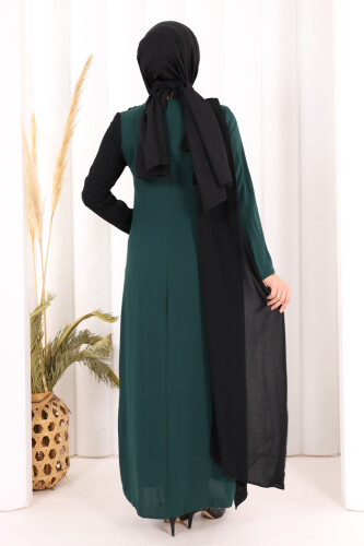 Tek Omuz Fiyonk Apoletli Çift Renk Elbise 3862 Zümrüt - 5