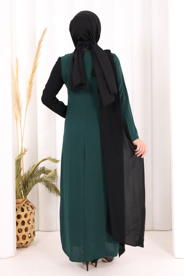 Tek Omuz Fiyonk Apoletli Çift Renk Elbise 3862 Zümrüt - 5