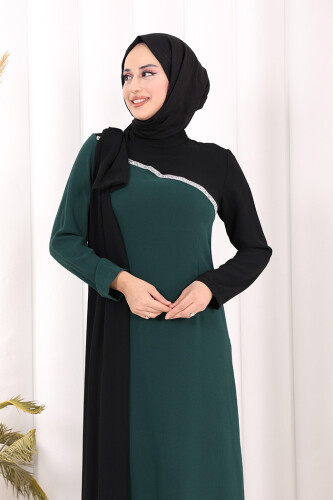 Tek Omuz Fiyonk Apoletli Çift Renk Elbise 3862 Zümrüt - 6