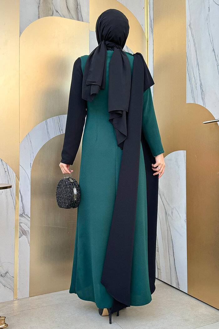 Tek Omuz Fiyonk Apoletli Çift Renk Elbise 3862 Zümrüt - 8