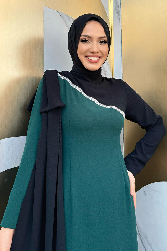 Tek Omuz Fiyonk Apoletli Çift Renk Elbise 3862 Zümrüt - 10