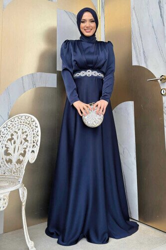 Taşlı Kemer Akseuarlı Saten Abiye Elbise 3863 Lacivert - Bym Fashion