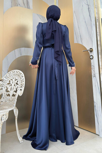 Taşlı Kemer Akseuarlı Saten Abiye Elbise 3863 Lacivert - 6