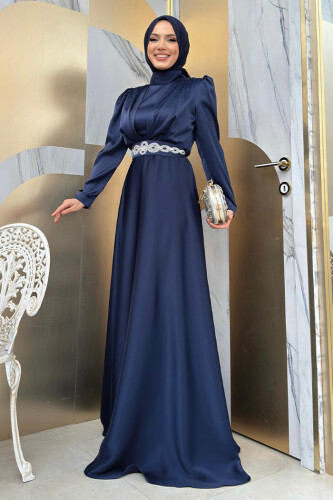 Taşlı Kemer Akseuarlı Saten Abiye Elbise 3863 Lacivert - 7