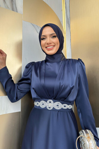 Taşlı Kemer Akseuarlı Saten Abiye Elbise 3863 Lacivert - 8