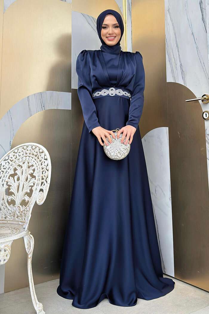 Taşlı Kemer Akseuarlı Saten Abiye Elbise 3863 Lacivert - 5