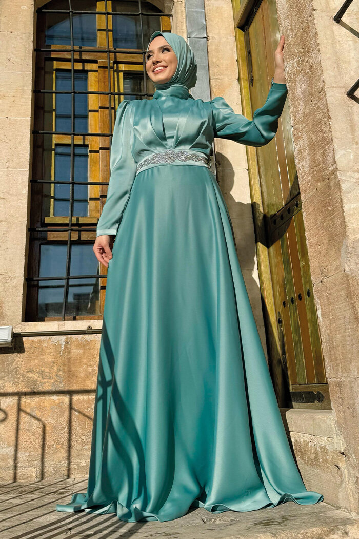 Taşlı Kemer Akseuarlı Saten Abiye Elbise 3863 Mint - 6