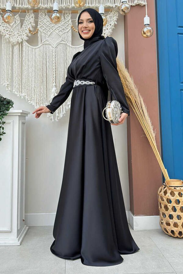 Taşlı Kemer Akseuarlı Saten Abiye Elbise 3863 Siyah - 2
