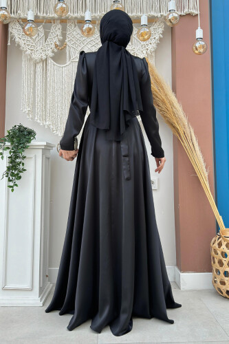 Taşlı Kemer Akseuarlı Saten Abiye Elbise 3863 Siyah - 4