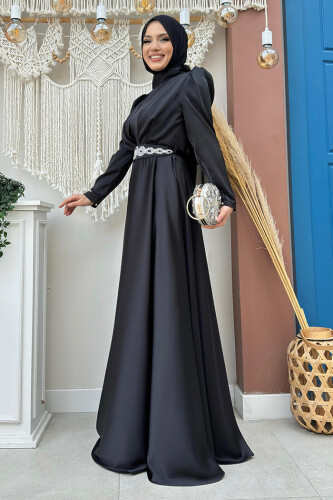 Taşlı Kemer Akseuarlı Saten Abiye Elbise 3863 Siyah - 6