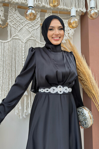 Taşlı Kemer Akseuarlı Saten Abiye Elbise 3863 Siyah - 7
