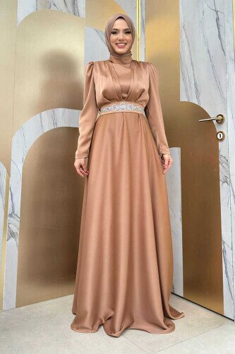 Taşlı Kemer Akseuarlı Saten Abiye Elbise 3863 Taba - Bym Fashion