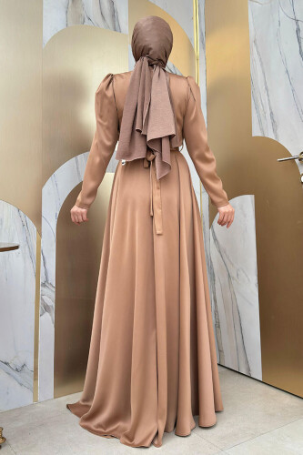 Taşlı Kemer Akseuarlı Saten Abiye Elbise 3863 Taba - 5