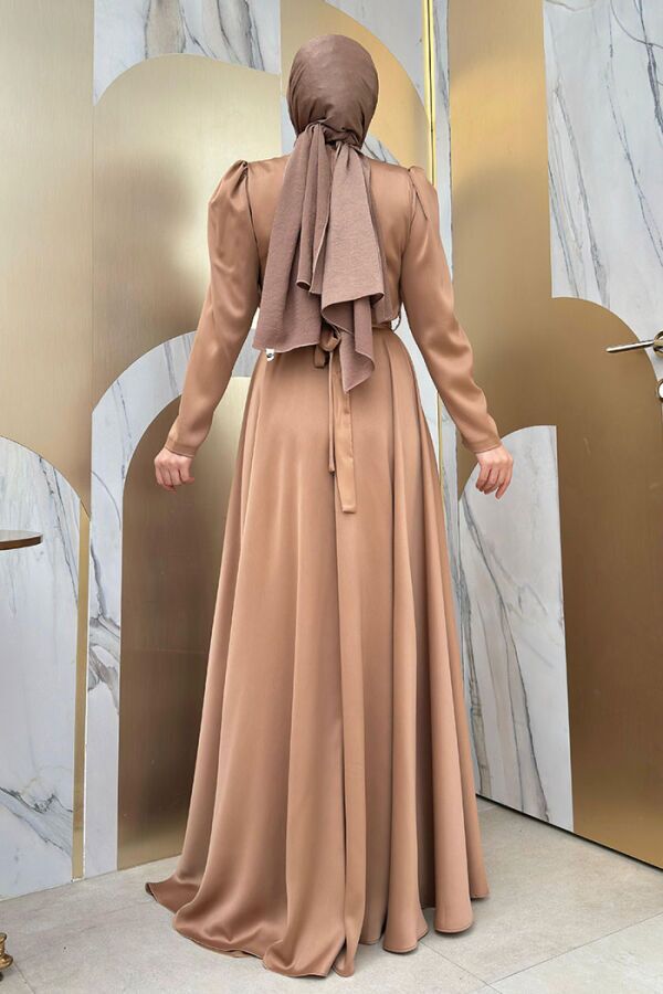 Taşlı Kemer Akseuarlı Saten Abiye Elbise 3863 Taba - 5