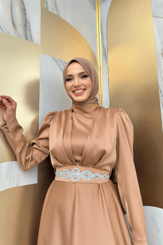 Taşlı Kemer Akseuarlı Saten Abiye Elbise 3863 Taba - 6