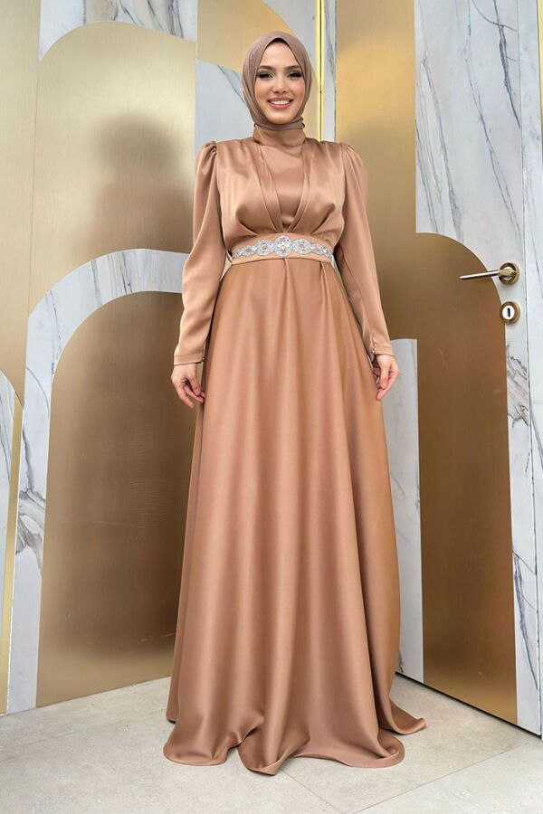 Taşlı Kemer Akseuarlı Saten Abiye Elbise 3863 Taba - 2