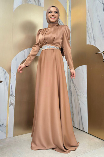 Taşlı Kemer Akseuarlı Saten Abiye Elbise 3863 Taba - 4