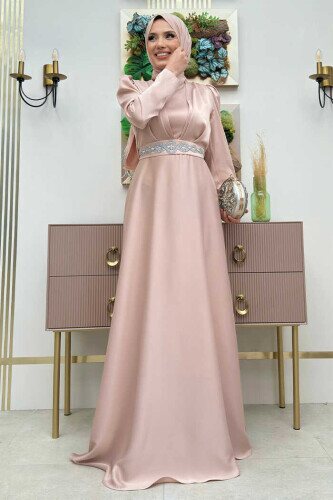 Taşlı Kemer Akseuarlı Saten Abiye Elbise 3863 Taş - Bym Fashion