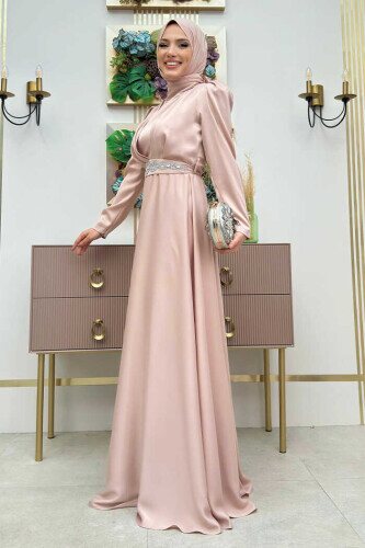 Taşlı Kemer Akseuarlı Saten Abiye Elbise 3863 Taş - 2