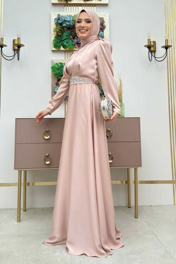 Taşlı Kemer Akseuarlı Saten Abiye Elbise 3863 Taş - 2