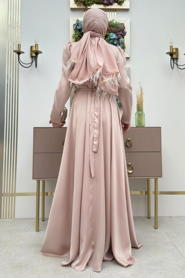 Taşlı Kemer Akseuarlı Saten Abiye Elbise 3863 Taş - 4