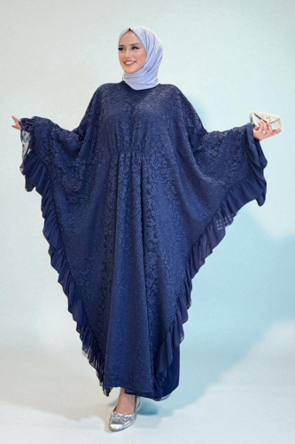 Uçları Şifon Fırfır Görünümlü Dantel Elbise 3864 Lacivert - Bym Fashion