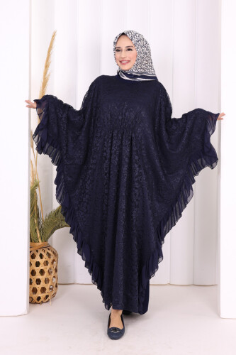 Uçları Şifon Fırfır Görünümlü Dantel Elbise 3864 Lacivert - Bym Fashion