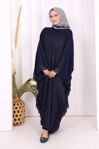 Uçları Şifon Fırfır Görünümlü Dantel Elbise 3864 Lacivert - 2