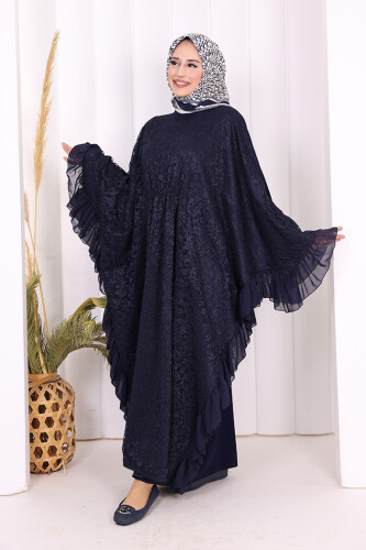 Uçları Şifon Fırfır Görünümlü Dantel Elbise 3864 Lacivert - 3