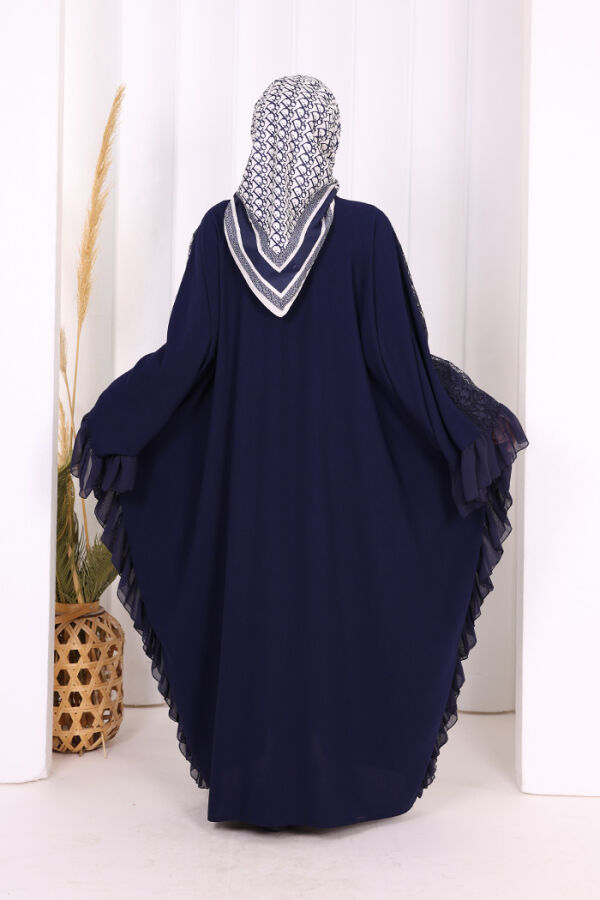 Uçları Şifon Fırfır Görünümlü Dantel Elbise 3864 Lacivert - 4