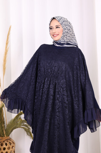 Uçları Şifon Fırfır Görünümlü Dantel Elbise 3864 Lacivert - 5