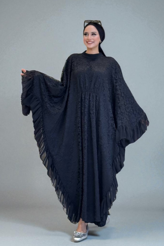 Uçları Şifon Fırfır Görünümlü Dantel Elbise 3864 Siyah - Bym Fashion